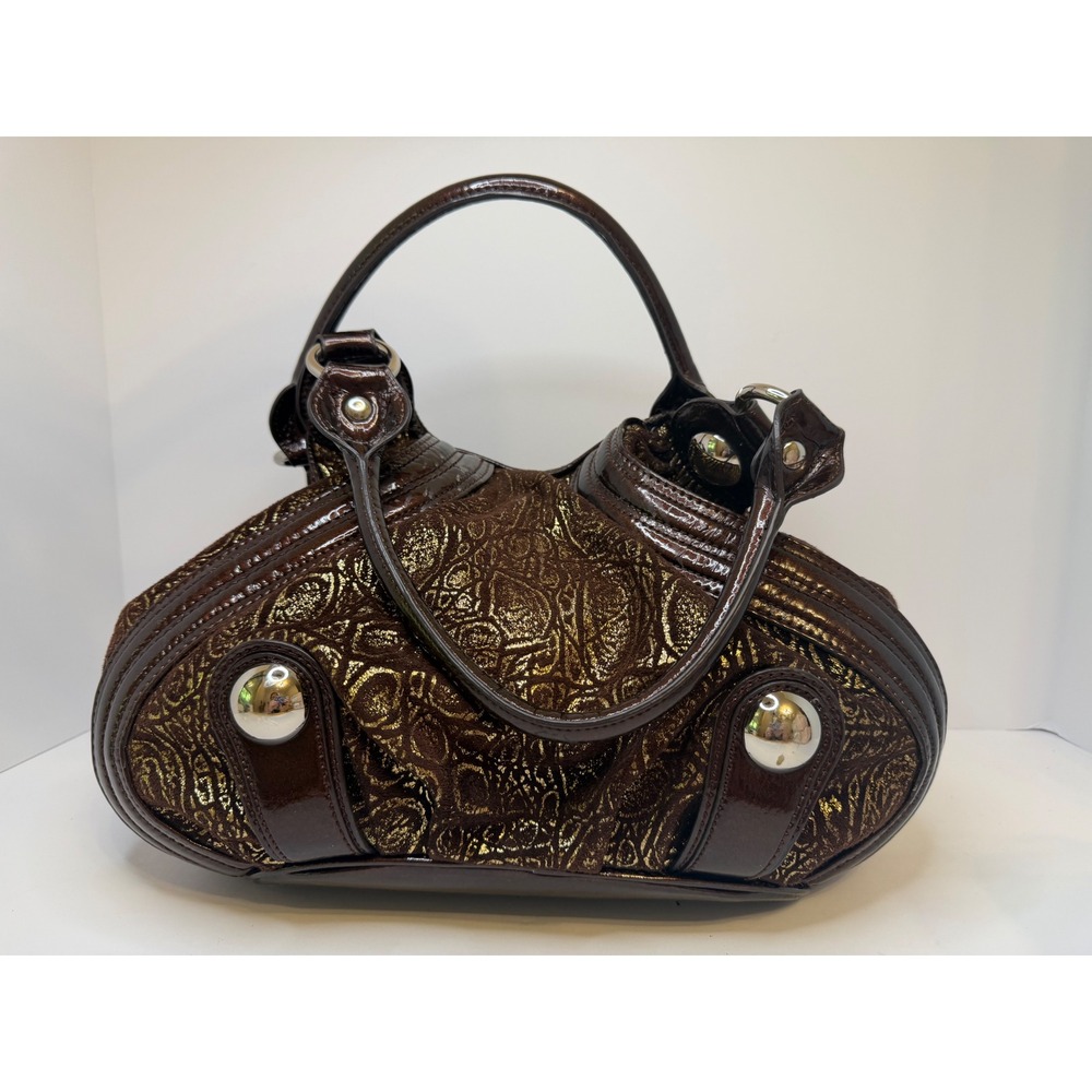 Kathy Van Zeeland Brown Gold Metallic Paisley Satchel Handbag Studded Trim